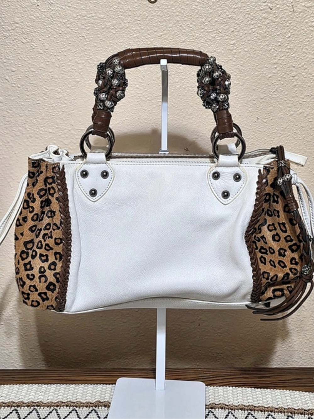 Beverly Feldman Animal Print Shoulder Bag in White & Brown